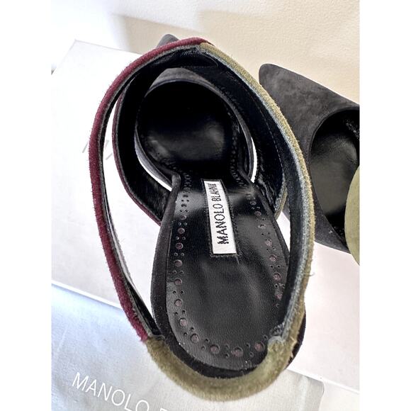 New Manolo Blahnik Suede Pumps Multicolor Black Green Pointy Toe Size 37 Womens - Picture 5 of 7